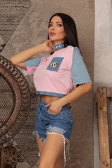 Crop top cu denim - Pink - Imagine 7